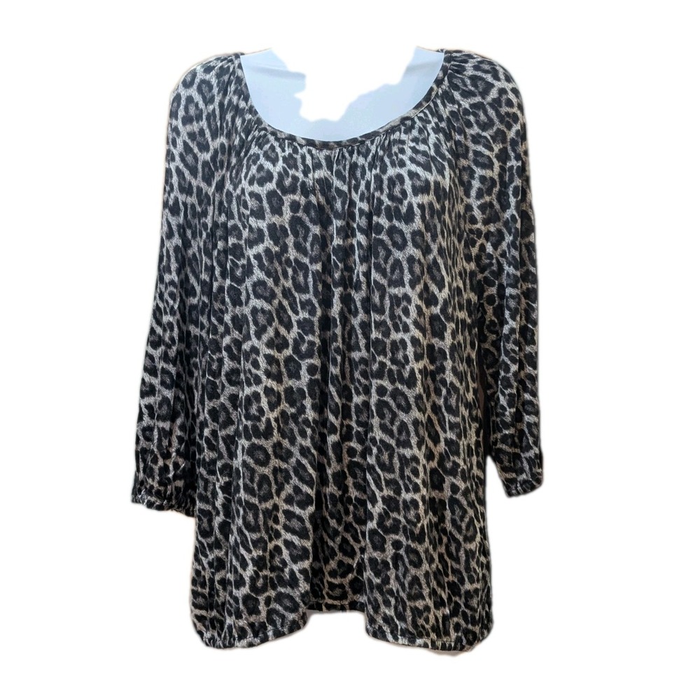 Michael Kors Women 1X Leopard Print Top Shirt Black Brown Cotton Peasant City